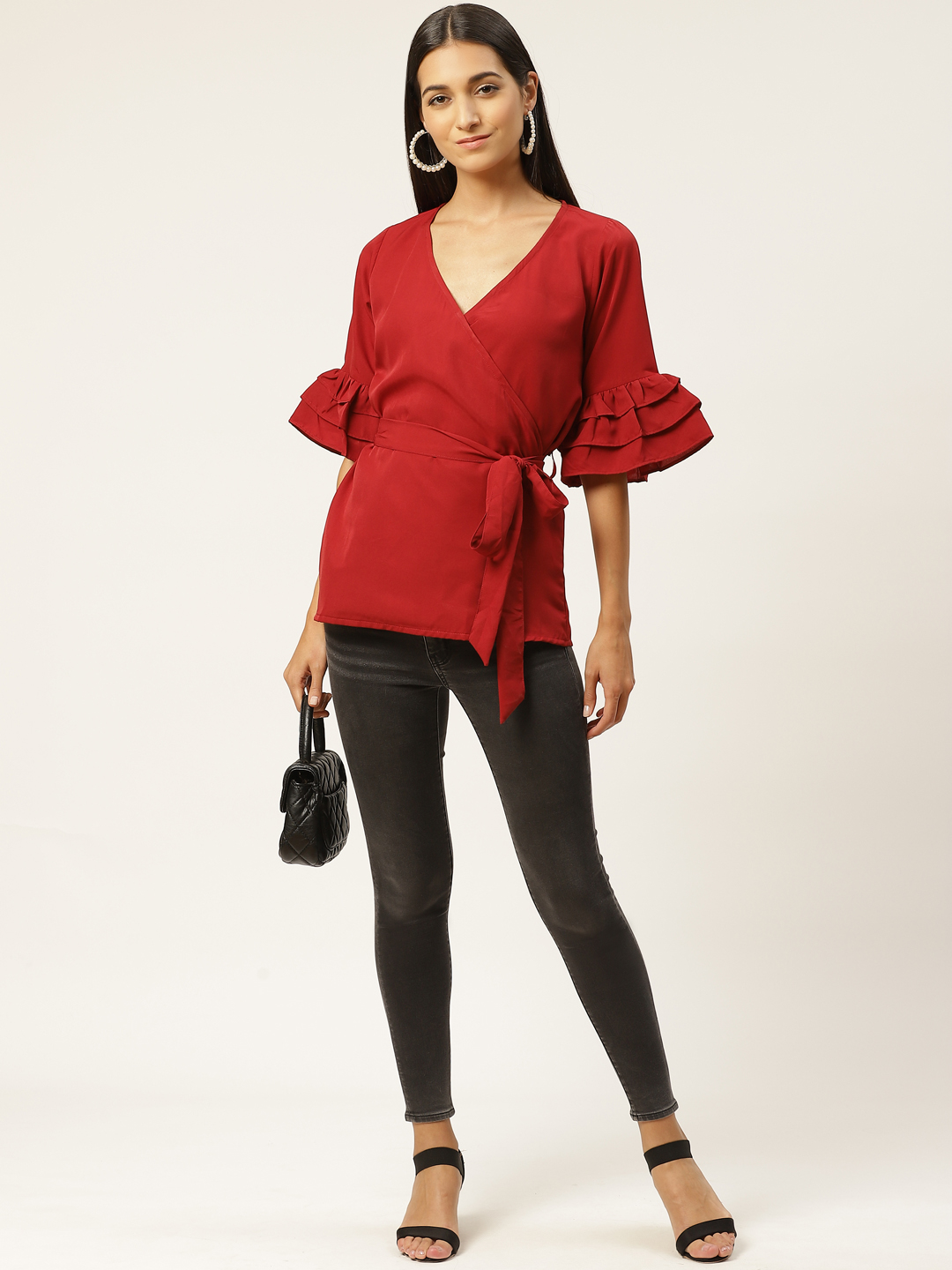 Wrap maroon Top with Layered Sleeves