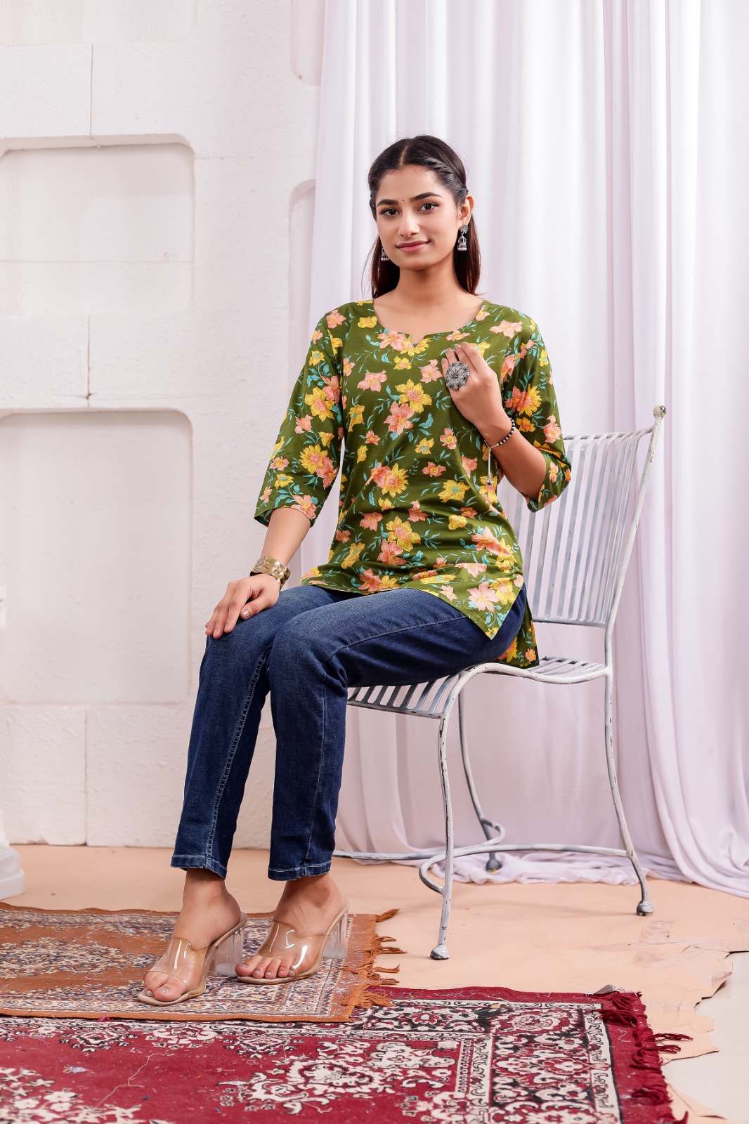 green Regular  Sleeves Print kurti